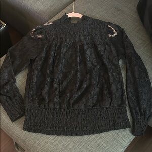 Adiva Black Smocked Lace Long-Sleeve Top